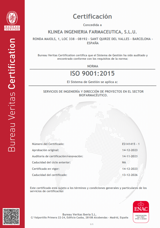 Klinea Biopharmaceutical Engineering obtiene la ISO 9001